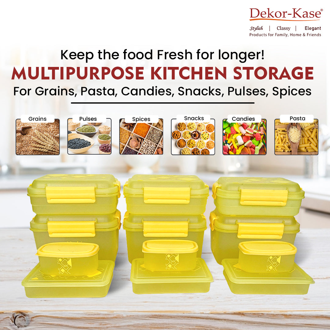 Multipurpose Food Storage Container for Dry Fruits, Pulses, Rice, Grain, Wheat |Semi-Transparent & Airtight | BPA-Free | Kitchen Organizer | Set of 12 – 3x1900 ml, 3x900 ml, 3x350 ml, 3x190 ml | Rectangular Shape