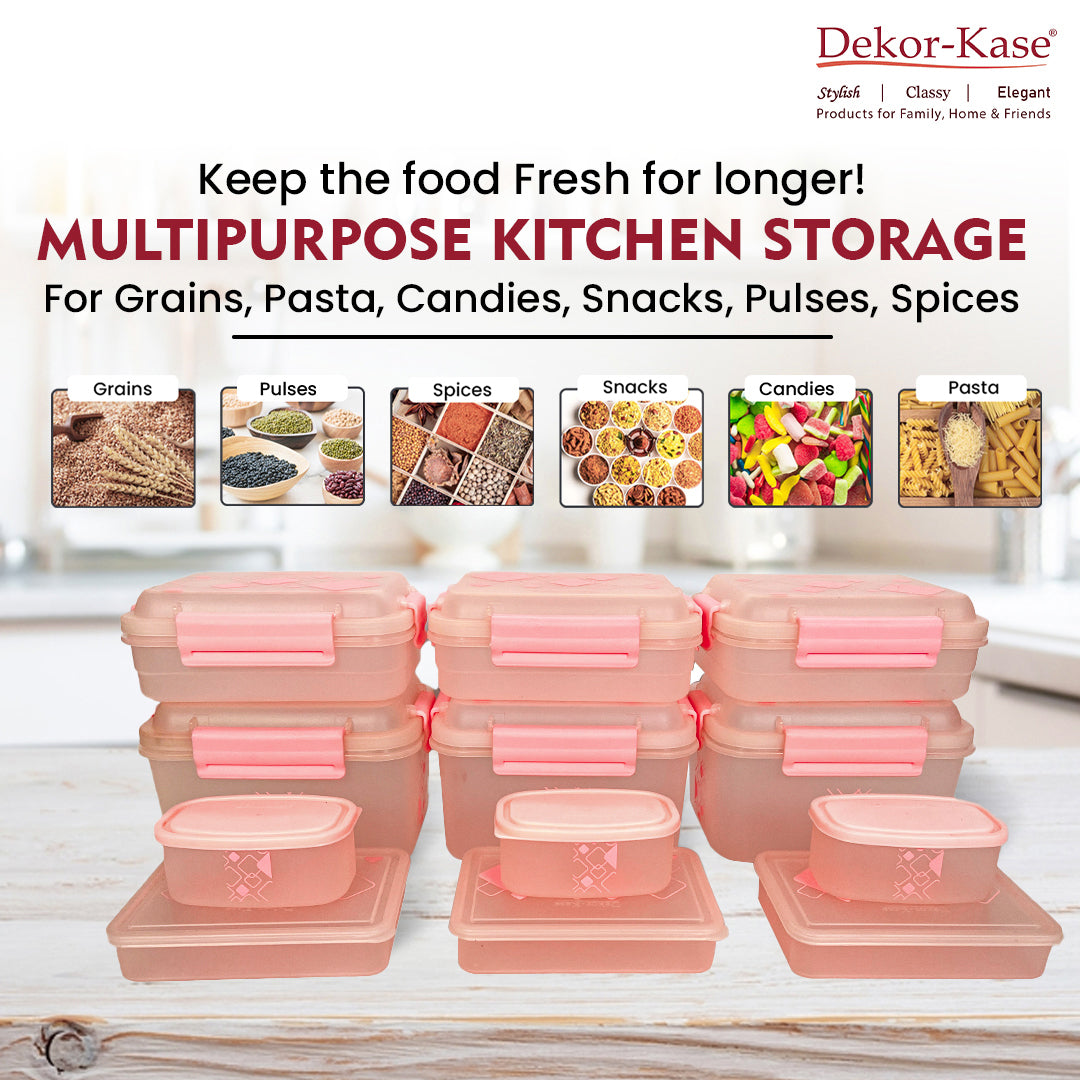 Multipurpose Food Storage Container for Dry Fruits, Pulses, Rice, Grain, Wheat |Semi-Transparent & Airtight | BPA-Free | Kitchen Organizer | Set of 12 – 3x1900 ml, 3x900 ml, 3x350 ml, 3x190 ml | Rectangular Shape