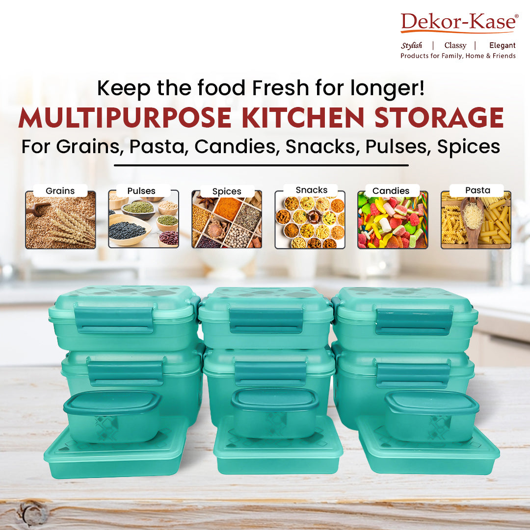 Multipurpose Food Storage Container for Dry Fruits, Pulses, Rice, Grain, Wheat |Semi-Transparent & Airtight | BPA-Free | Kitchen Organizer | Set of 12 – 3x1900 ml, 3x900 ml, 3x350 ml, 3x190 ml | Rectangular Shape