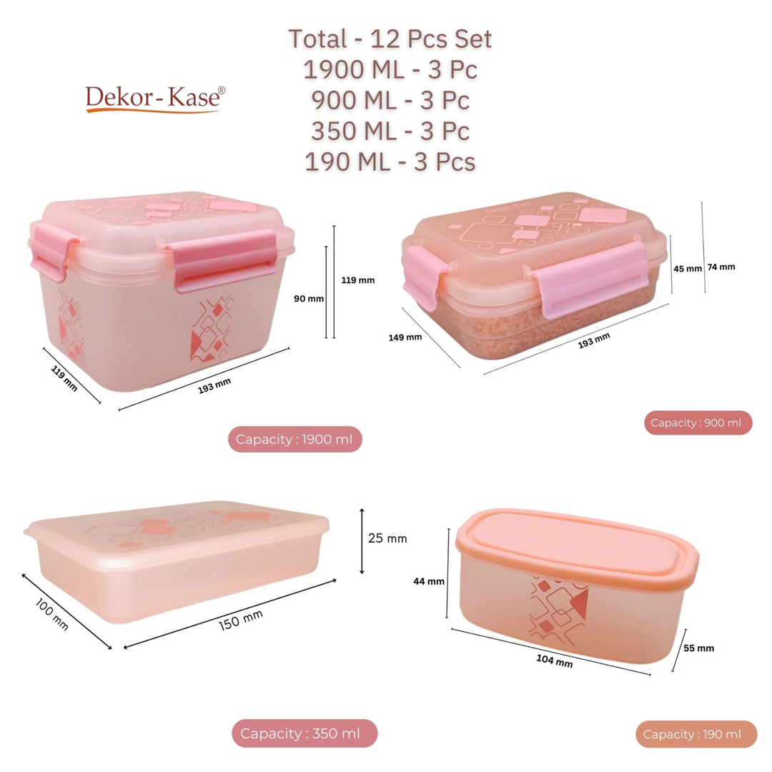 Multipurpose Food Storage Container for Dry Fruits, Pulses, Rice, Grain, Wheat |Semi-Transparent & Airtight | BPA-Free | Kitchen Organizer | Set of 12 – 3x1900 ml, 3x900 ml, 3x350 ml, 3x190 ml | Rectangular Shape