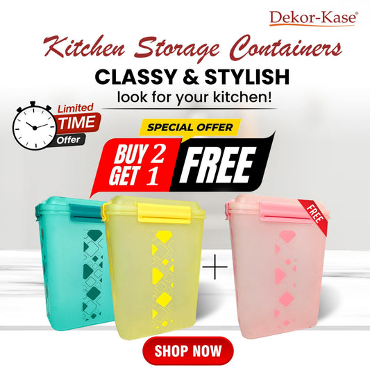 Buy 2 Get 1 Free – 4700 ml Kitchen Storage Container Set | Airtight | Dekor-Kase | BPA Free, Semi Transparent with Clip Lock Lid – Ideal for Rice, Atta, Pulses & More (Yellow-Green-Pink)