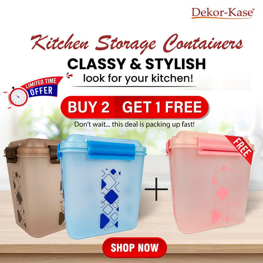 Buy 2 Get 1 Free – 3400 ml Kitchen Storage Container Set | Airtight | Dekor-Kase | BPA Free, Semi Transparent with Clip Lock Lid – Ideal for Rice, Atta, Pulses & More (Brown-Blue-Pink)
