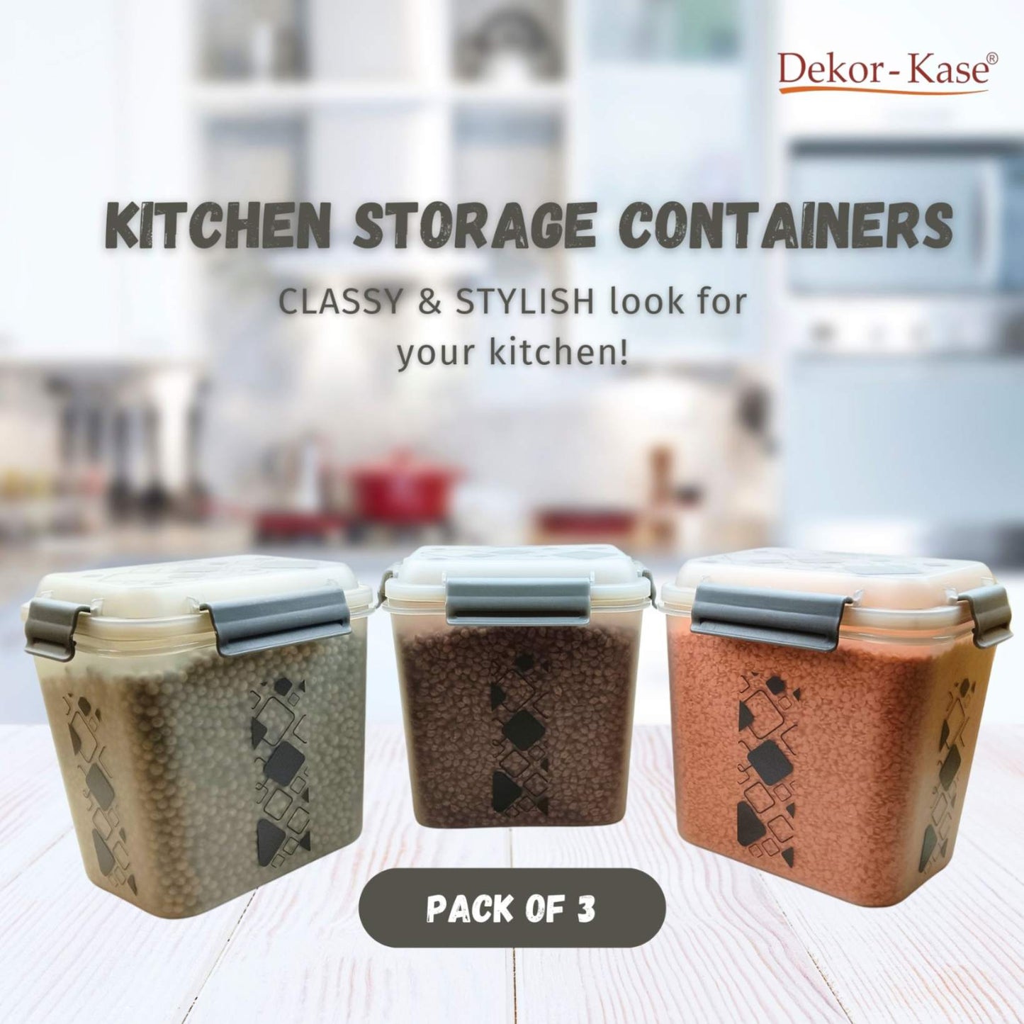 Buy 2 Get 1 Free – 3400 ml Kitchen Storage Container Set | Airtight | Dekor-Kase | BPA Free, Semi Transparent with Clip Lock Lid – Ideal for Rice, Atta, Pulses & More