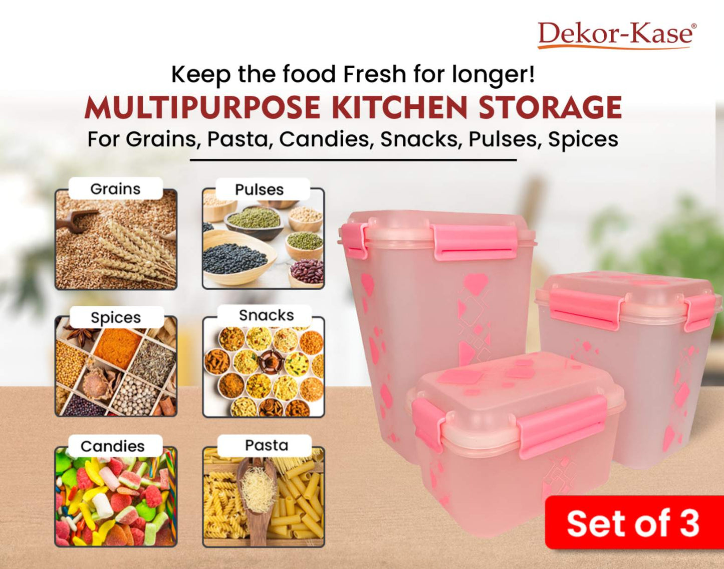 Airtight Kitchen Storage Container Set – 3 pcs (4700 ml, 3400 ml, 1900 ml) | BPA-Free | Food Grade | Dry Food & Grain Organizer