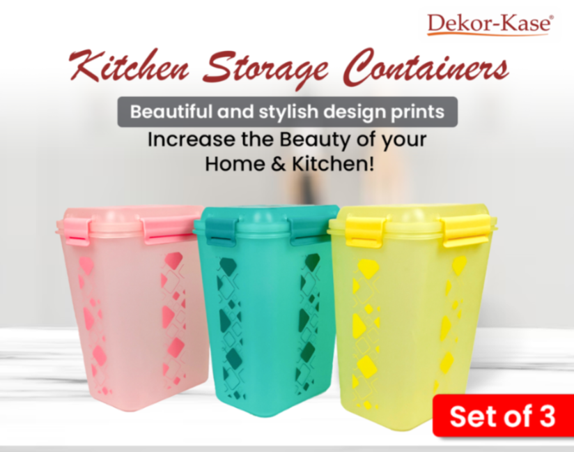 Buy 2 Get 1 Free – 4700 ml Kitchen Storage Container Set | Airtight | Dekor-Kase | BPA Free, Semi Transparent with Clip Lock Lid – Ideal for Rice, Atta, Pulses & More (Yellow-Green-Pink)