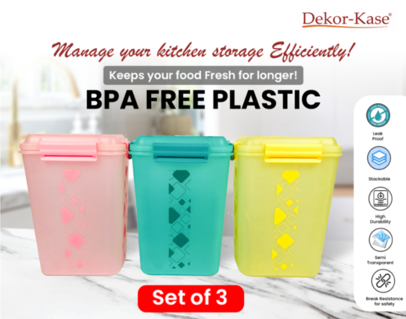 Buy 2 Get 1 Free – 4700 ml Kitchen Storage Container Set | Airtight | Dekor-Kase | BPA Free, Semi Transparent with Clip Lock Lid – Ideal for Rice, Atta, Pulses & More (Yellow-Green-Pink)