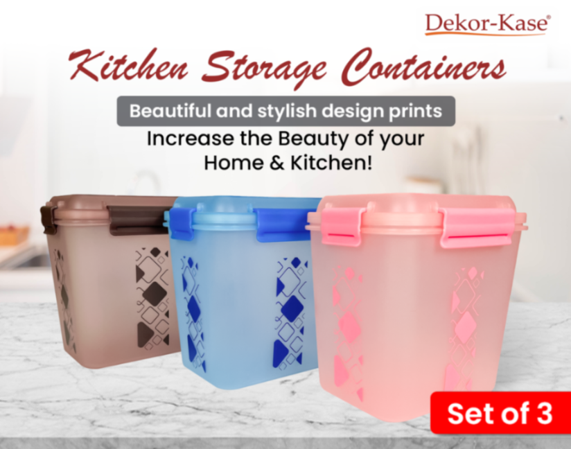 Buy 2 Get 1 Free – 3400 ml Kitchen Storage Container Set | Airtight | Dekor-Kase | BPA Free, Semi Transparent with Clip Lock Lid – Ideal for Rice, Atta, Pulses & More (Brown-Blue-Pink)