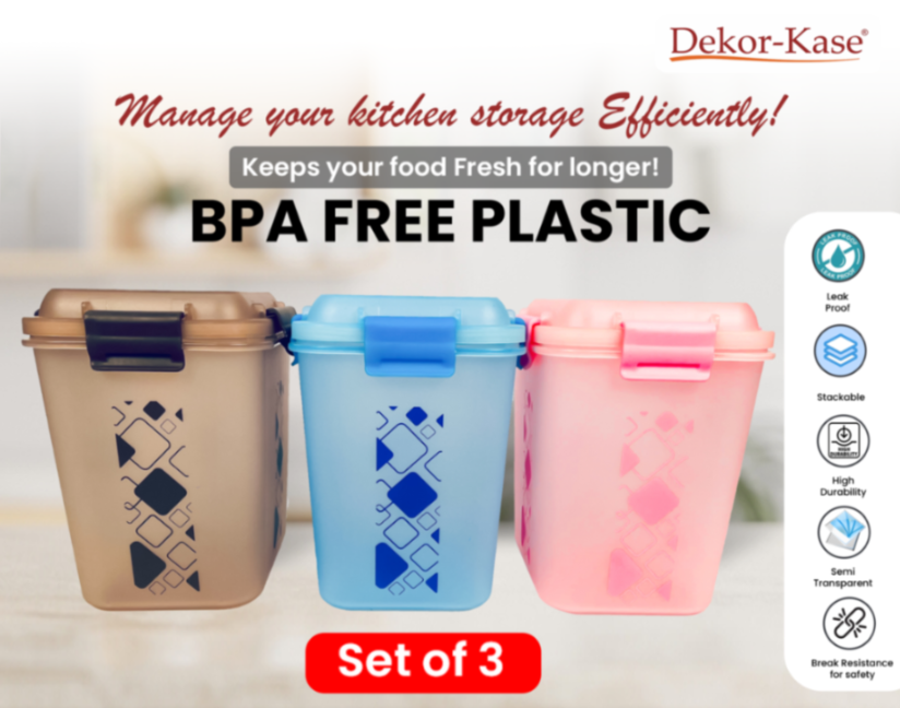 Buy 2 Get 1 Free – 3400 ml Kitchen Storage Container Set | Airtight | Dekor-Kase | BPA Free, Semi Transparent with Clip Lock Lid – Ideal for Rice, Atta, Pulses & More (Brown-Blue-Pink)