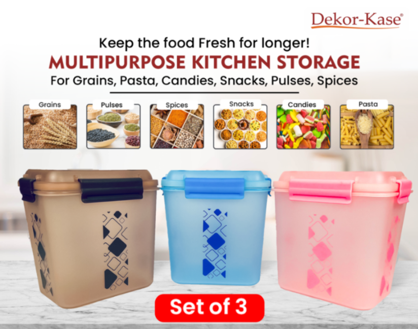 Buy 2 Get 1 Free – 3400 ml Kitchen Storage Container Set | Airtight | Dekor-Kase | BPA Free, Semi Transparent with Clip Lock Lid – Ideal for Rice, Atta, Pulses & More (Brown-Blue-Pink)