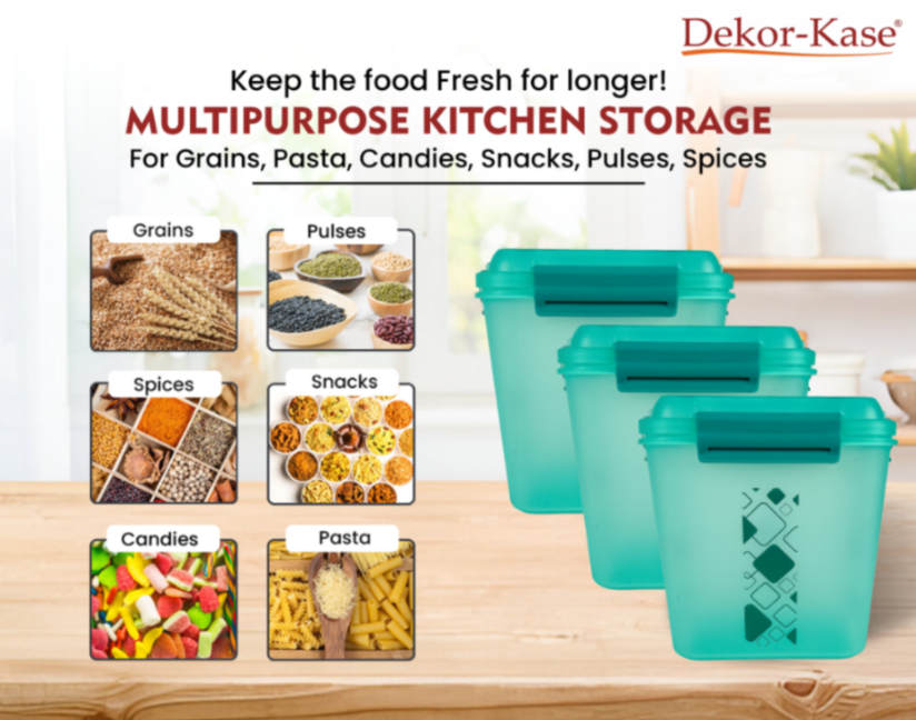 Buy 2 Get 1 Free – 3400 ml Kitchen Storage Container Set | Airtight | Dekor-Kase | BPA Free, Semi Transparent with Clip Lock Lid – Ideal for Rice, Atta, Pulses & More