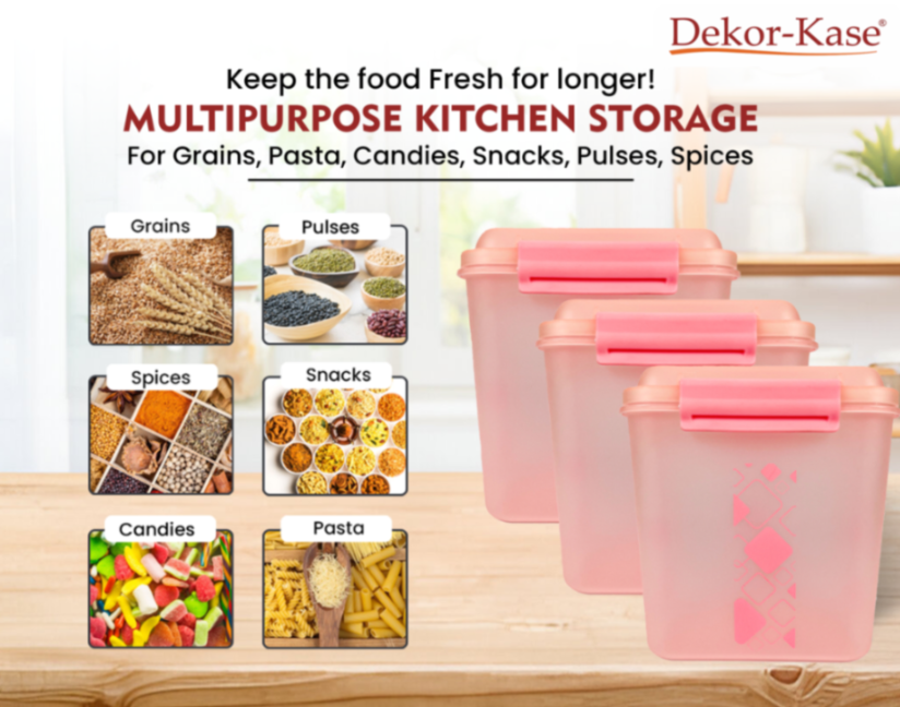 Buy 2 Get 1 Free – 3400 ml Kitchen Storage Container Set | Airtight | Dekor-Kase | BPA Free, Semi Transparent with Clip Lock Lid – Ideal for Rice, Atta, Pulses & More