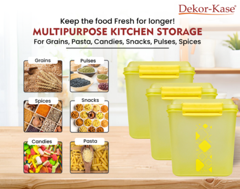 Buy 2 Get 1 Free – 3400 ml Kitchen Storage Container Set | Airtight | Dekor-Kase | BPA Free, Semi Transparent with Clip Lock Lid – Ideal for Rice, Atta, Pulses & More