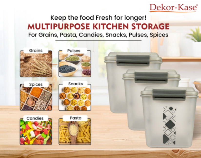 Buy 2 Get 1 Free – 3400 ml Kitchen Storage Container Set | Airtight | Dekor-Kase | BPA Free, Semi Transparent with Clip Lock Lid – Ideal for Rice, Atta, Pulses & More