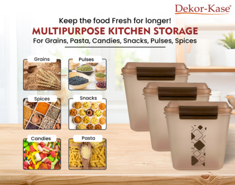 Buy 2 Get 1 Free – 3400 ml Kitchen Storage Container Set | Airtight | Dekor-Kase | BPA Free, Semi Transparent with Clip Lock Lid – Ideal for Rice, Atta, Pulses & More