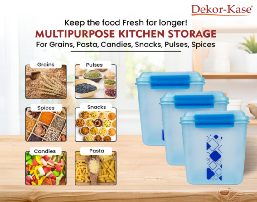 Buy 2 Get 1 Free – 3400 ml Kitchen Storage Container Set | Airtight | Dekor-Kase | BPA Free, Semi Transparent with Clip Lock Lid – Ideal for Rice, Atta, Pulses & More