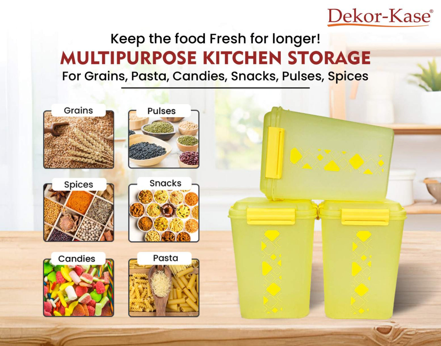 Buy 2 Get 1 Free – 4700 ml Kitchen Storage Container Set | Airtight | Dekor-Kase | BPA Free, Semi Transparent with Clip Lock Lid – Ideal for Rice, Atta, Pulses & More