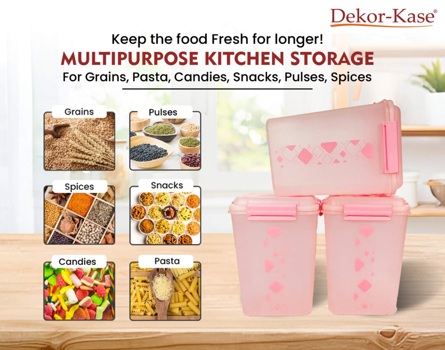 Buy 2 Get 1 Free – 4700 ml Kitchen Storage Container Set | Airtight | Dekor-Kase | BPA Free, Semi Transparent with Clip Lock Lid – Ideal for Rice, Atta, Pulses & More