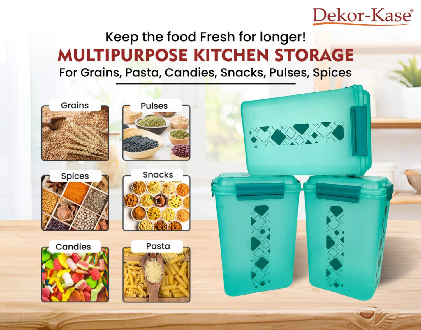 Buy 2 Get 1 Free – 4700 ml Kitchen Storage Container Set | Airtight | Dekor-Kase | BPA Free, Semi Transparent with Clip Lock Lid – Ideal for Rice, Atta, Pulses & More