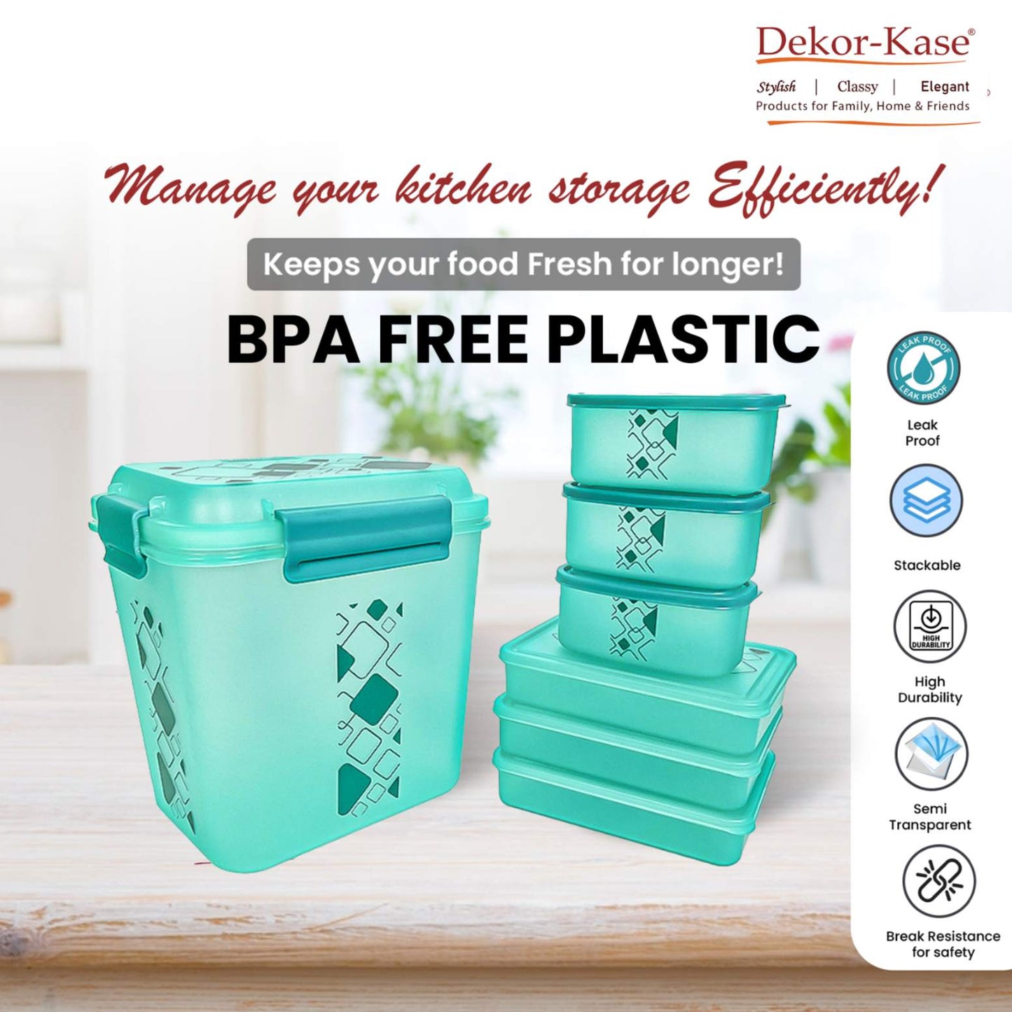 Dekor-Kase 7-Piece Semi-Transparent Airtight Storage Container Set – 190ml x 3, 350ml x 3, 3400ml x 1 (with Silicone Ring) – BPA-Free