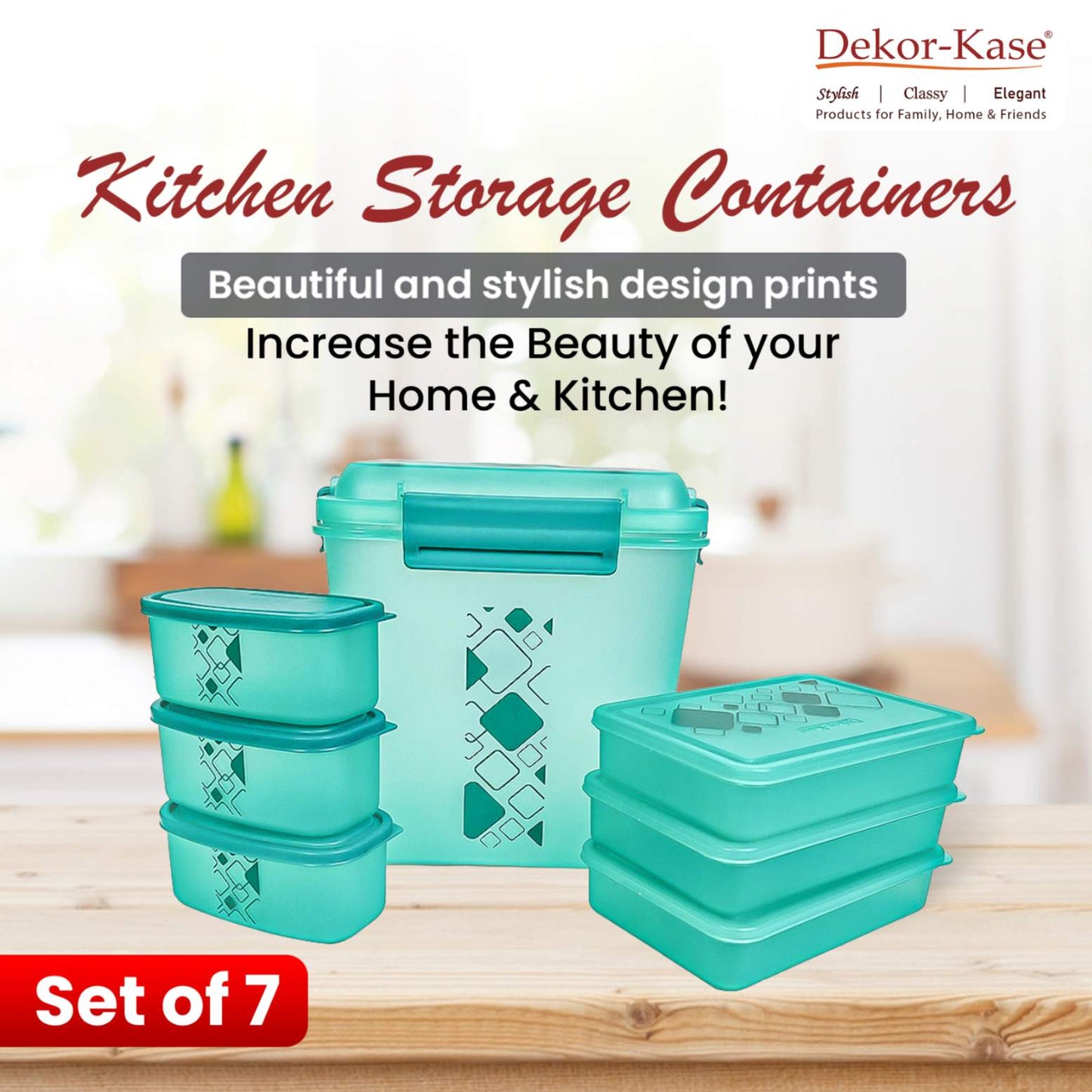 Dekor-Kase 7-Piece Semi-Transparent Airtight Storage Container Set – 190ml x 3, 350ml x 3, 3400ml x 1 (with Silicone Ring) – BPA-Free
