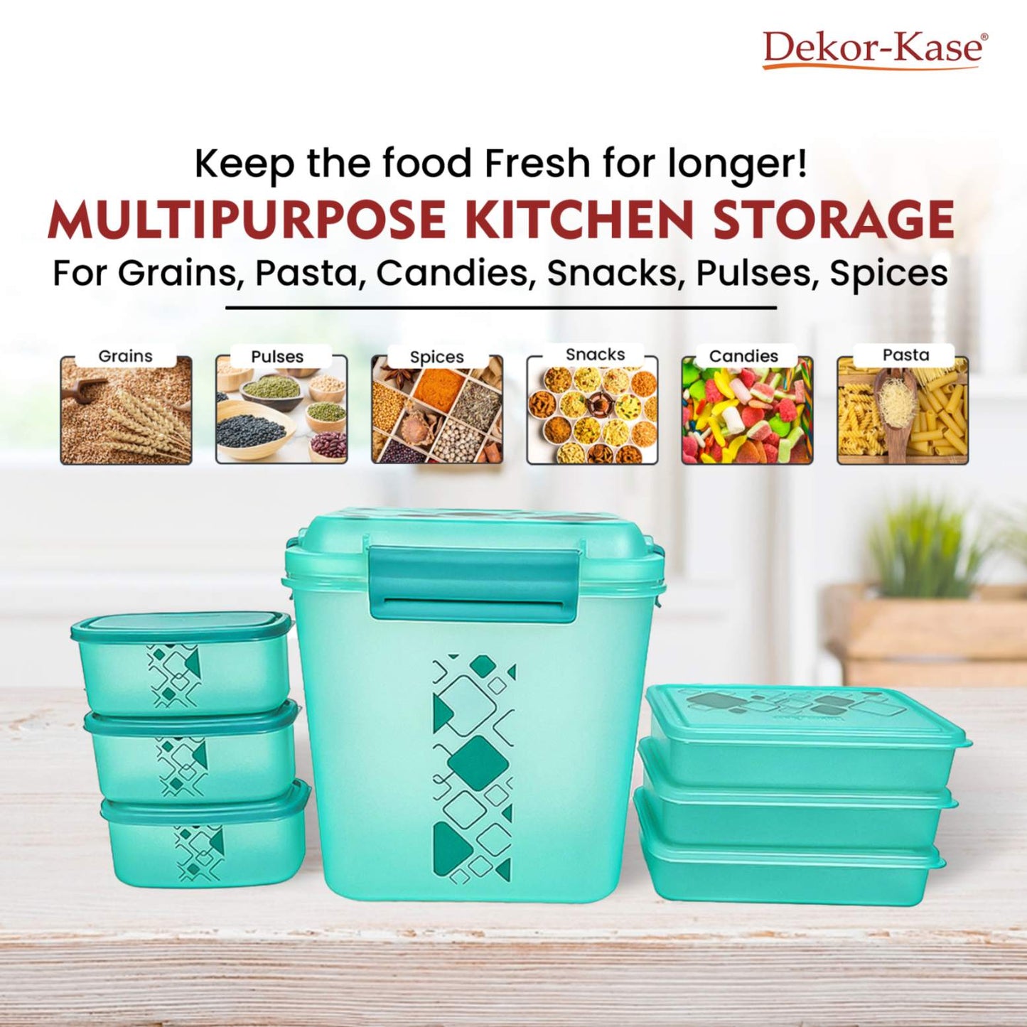 Dekor-Kase 7-Piece Semi-Transparent Airtight Storage Container Set – 190ml x 3, 350ml x 3, 3400ml x 1 (with Silicone Ring) – BPA-Free