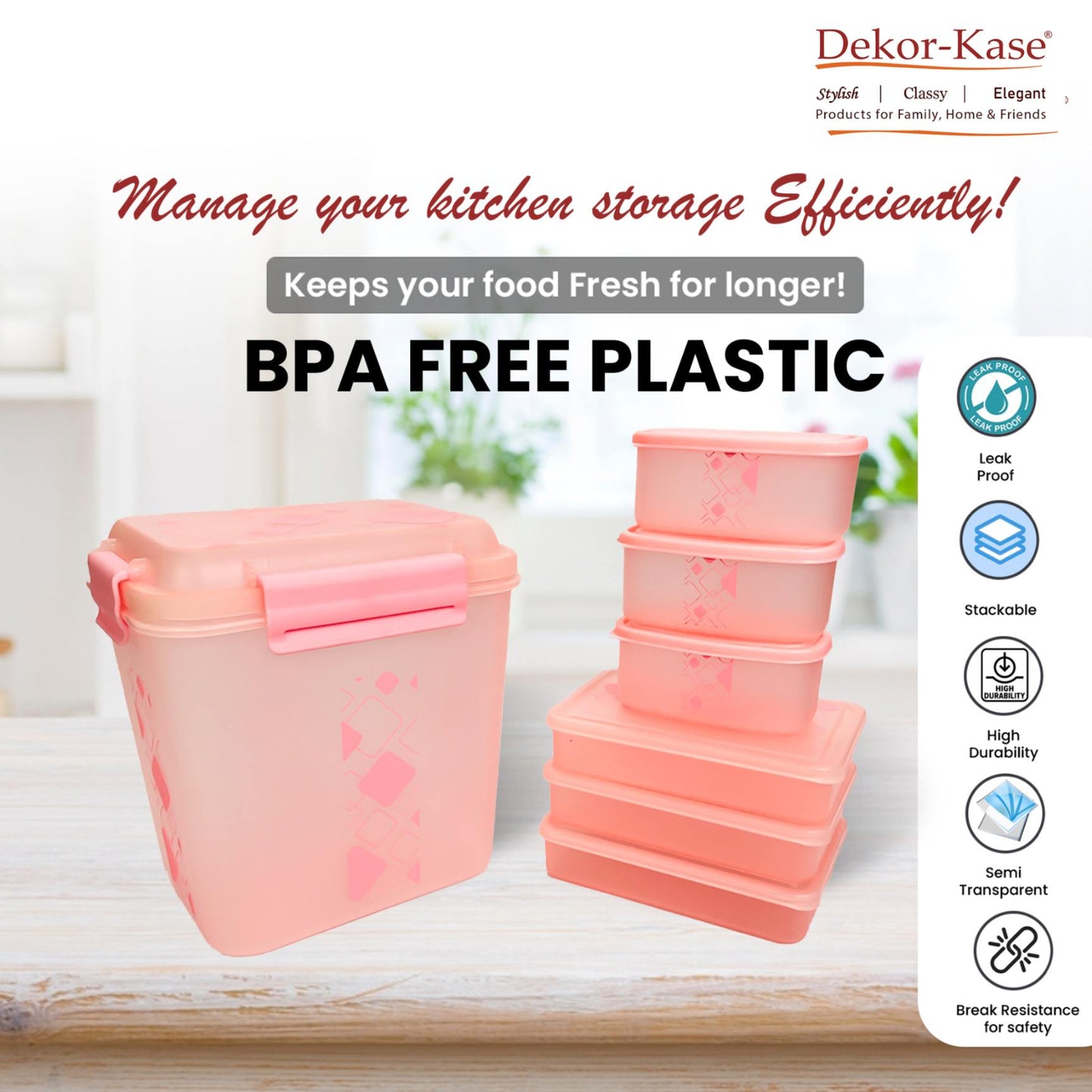 Dekor-Kase 7-Piece Semi-Transparent Airtight Storage Container Set – 190ml x 3, 350ml x 3, 3400ml x 1 (with Silicone Ring) – BPA-Free