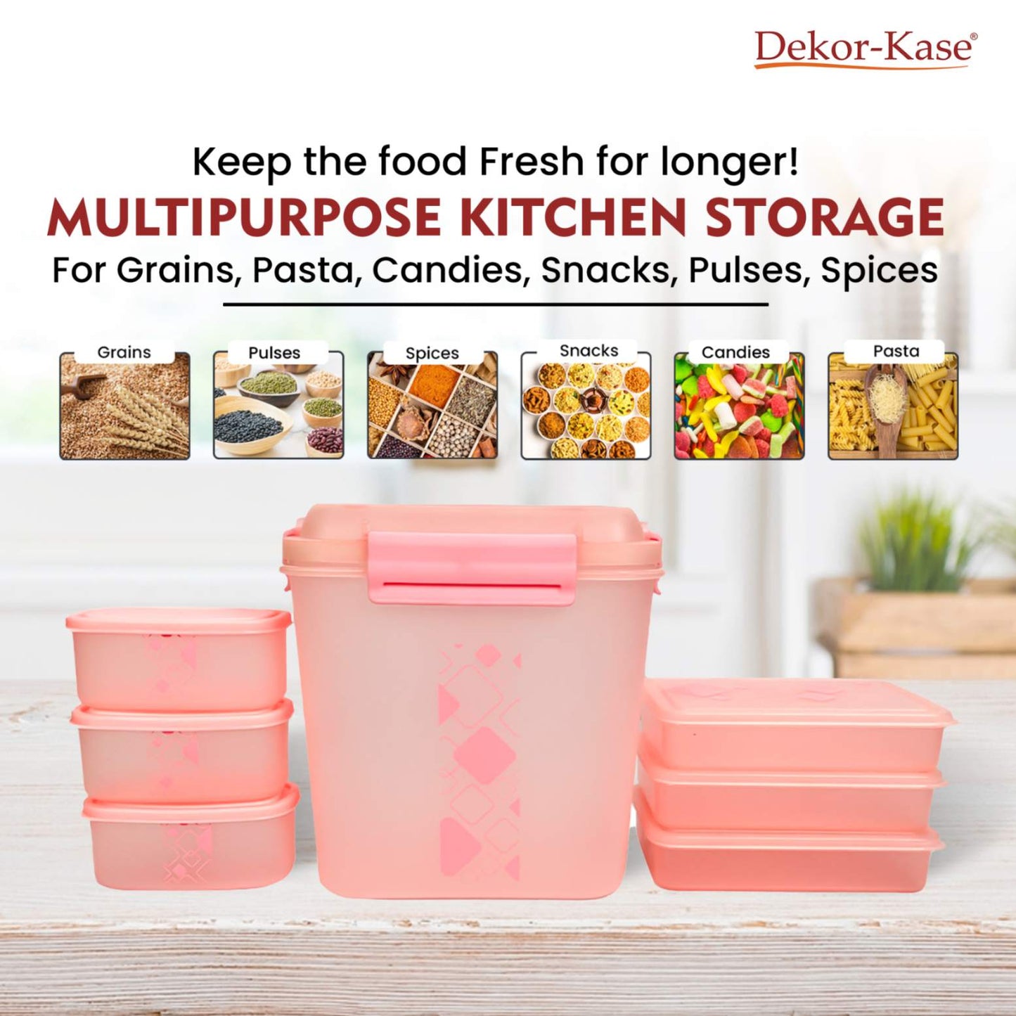 Dekor-Kase 7-Piece Semi-Transparent Airtight Storage Container Set – 190ml x 3, 350ml x 3, 3400ml x 1 (with Silicone Ring) – BPA-Free
