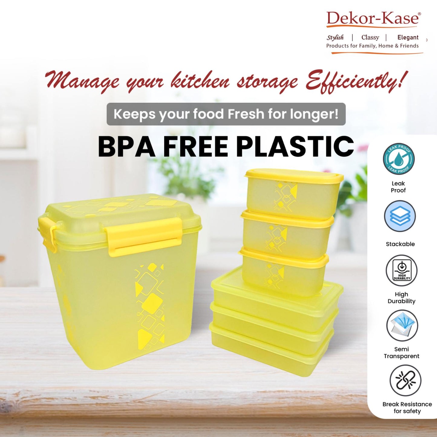 Dekor-Kase 7-Piece Semi-Transparent Airtight Storage Container Set – 190ml x 3, 350ml x 3, 3400ml x 1 (with Silicone Ring) – BPA-Free