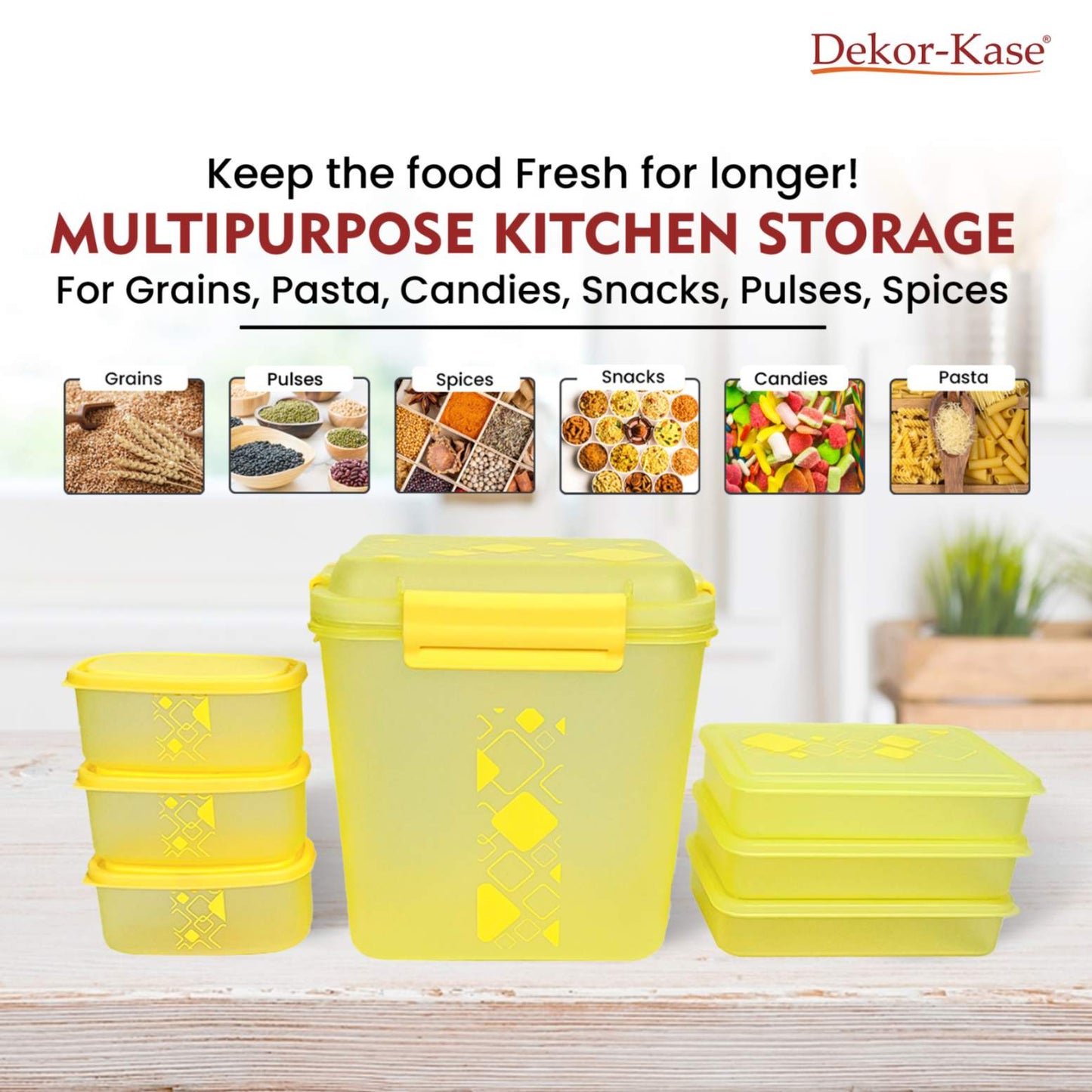 Dekor-Kase 7-Piece Semi-Transparent Airtight Storage Container Set – 190ml x 3, 350ml x 3, 3400ml x 1 (with Silicone Ring) – BPA-Free
