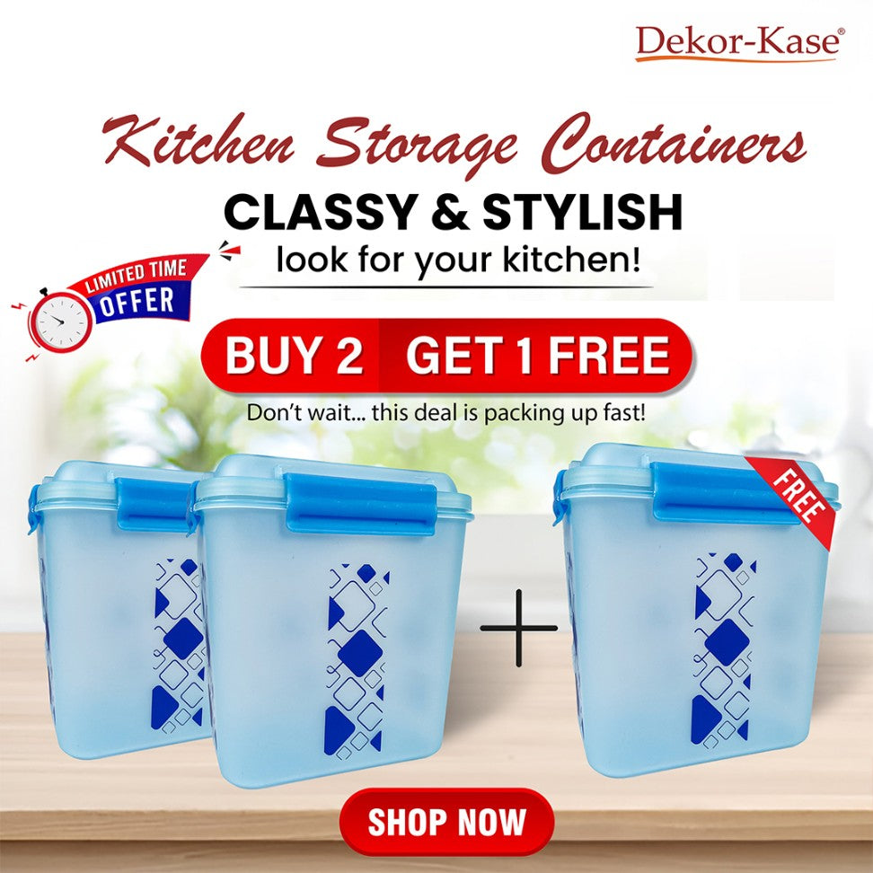 Buy 2 Get 1 Free – 3400 ml Kitchen Storage Container Set | Airtight | Dekor-Kase | BPA Free, Semi Transparent with Clip Lock Lid – Ideal for Rice, Atta, Pulses & More