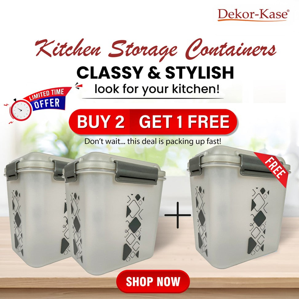 Buy 2 Get 1 Free – 3400 ml Kitchen Storage Container Set | Airtight | Dekor-Kase | BPA Free, Semi Transparent with Clip Lock Lid – Ideal for Rice, Atta, Pulses & More