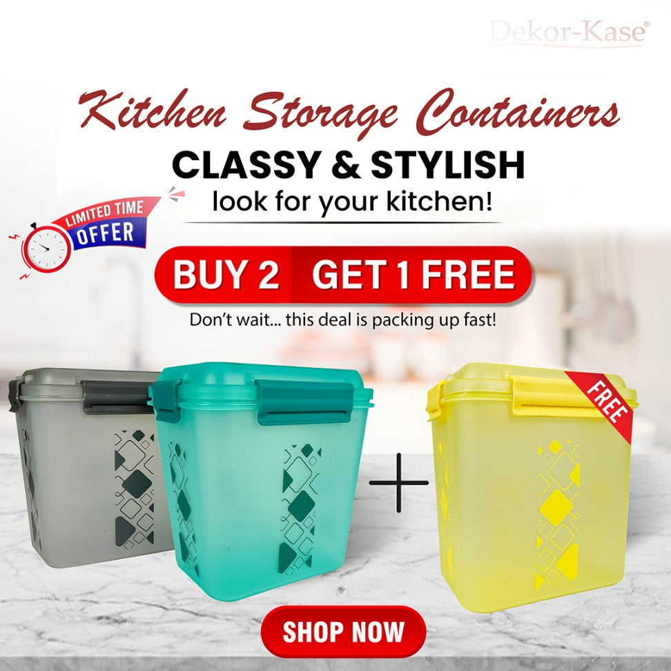 Buy 2 Get 1 Free – 3400 ml Kitchen Storage Container Set | Airtight | Dekor-Kase | BPA Free, Semi Transparent with Clip Lock Lid – Ideal for Rice, Atta, Pulses & More (Brown-Blue-Pink)